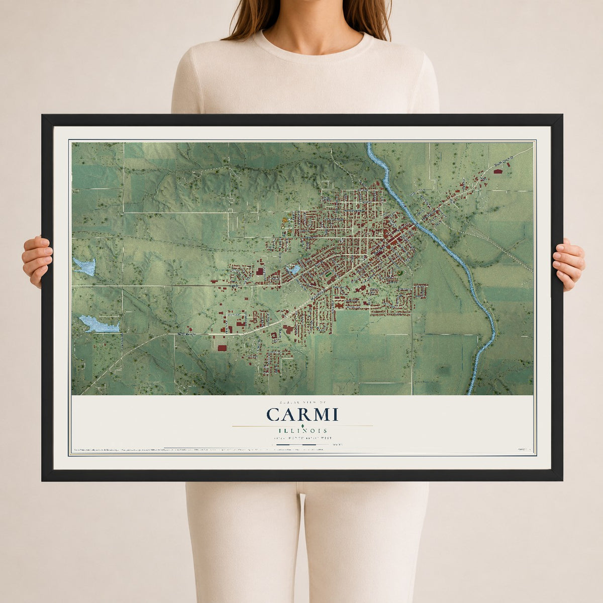 Map of Carmi, Illinois, 24 x 36 inch print in a black wood frame