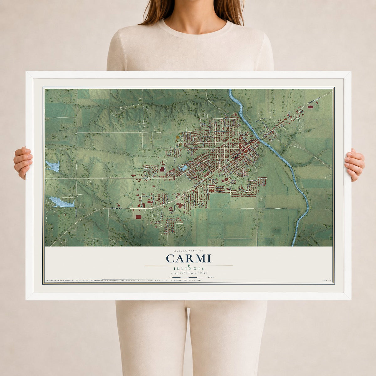 Map of Carmi, Illinois, 24 x 36 inch print in a white wood frame