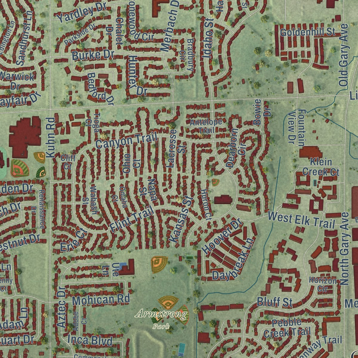 Second close-up of the map of Carol Stream, Illinois print showing more streets and buildings