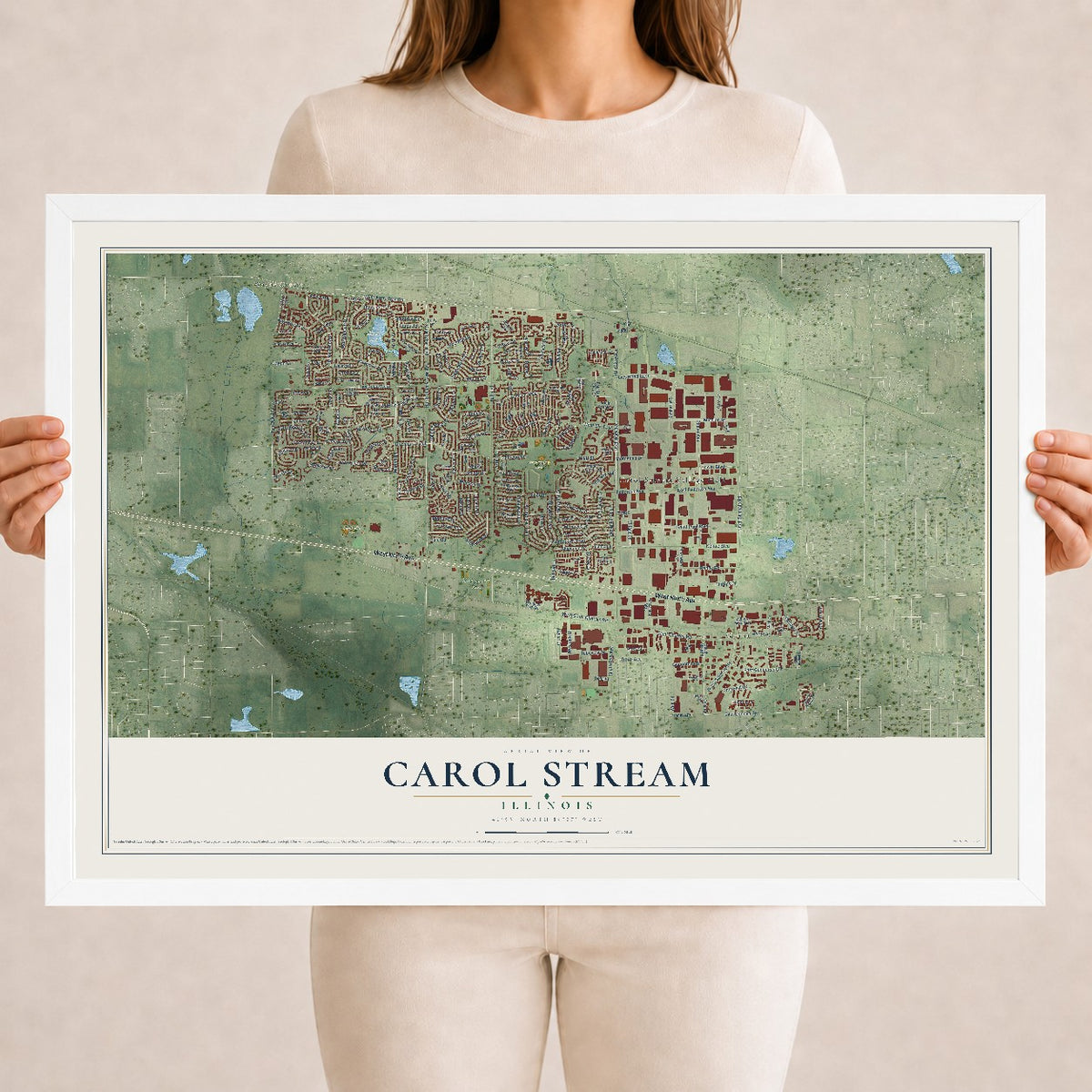 Map of Carol Stream, Illinois, 18 x 24 inch print in a white wood frame