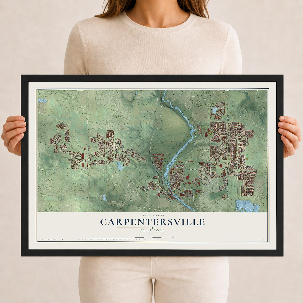 Map of Carpentersville, Illinois, 12 x 18 inch print in a black wood frame