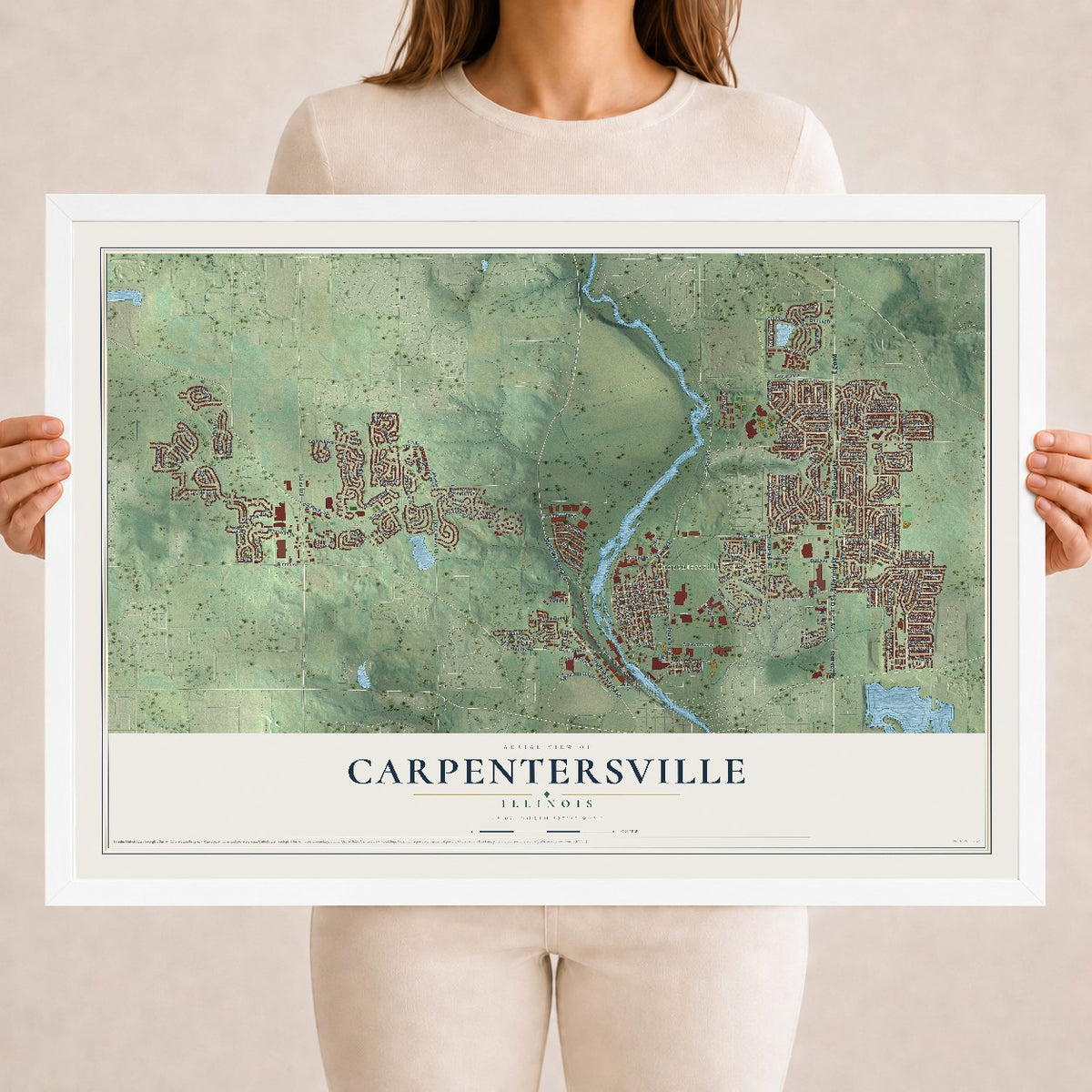 Map of Carpentersville, Illinois, 18 x 24 inch print in a white wood frame