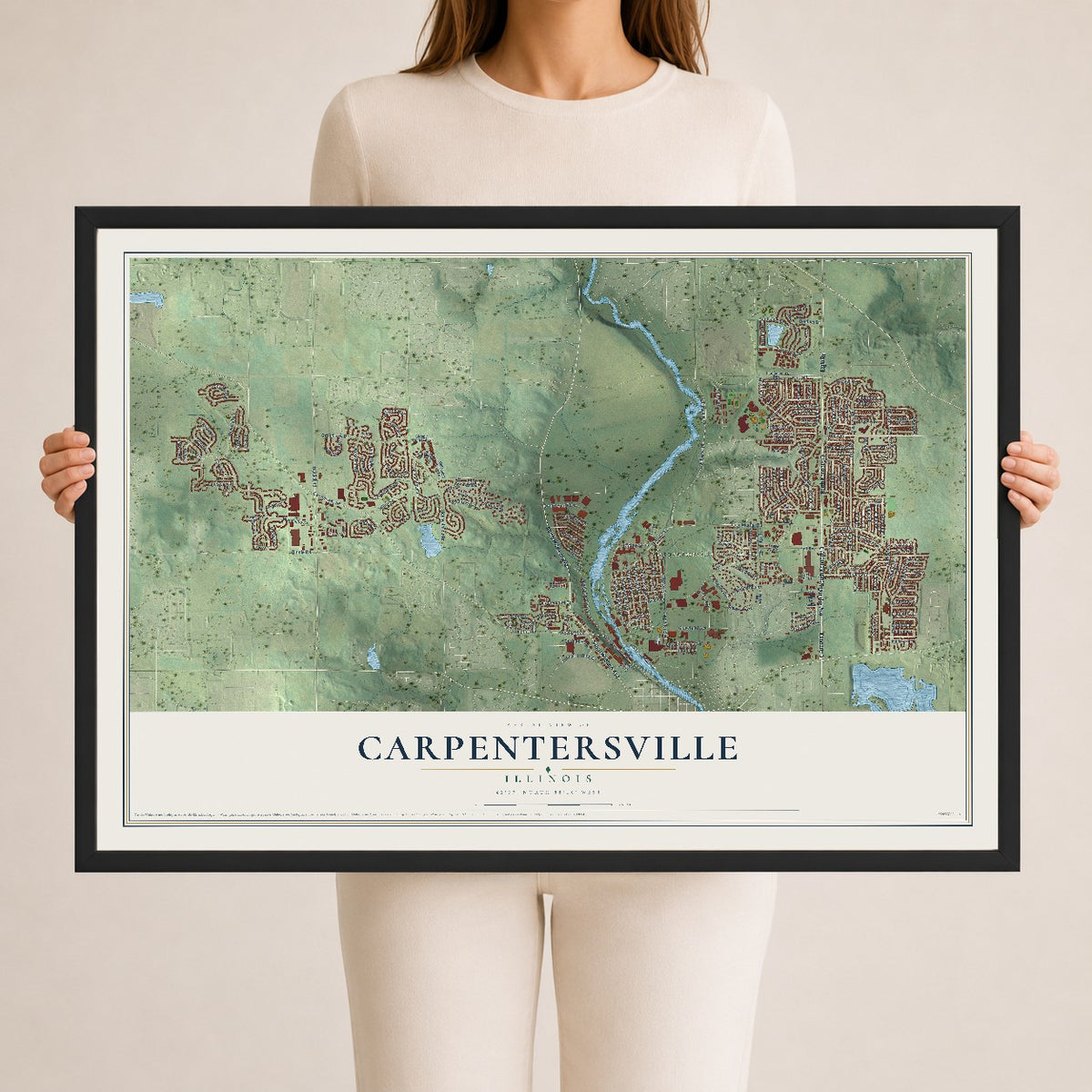 Map of Carpentersville, Illinois, 24 x 36 inch print in a black wood frame