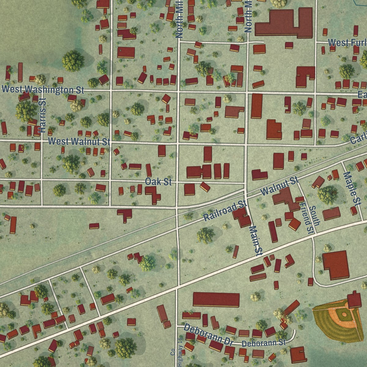 Close-up of the map of Carrier Mills, Illinois print showing street and building detail