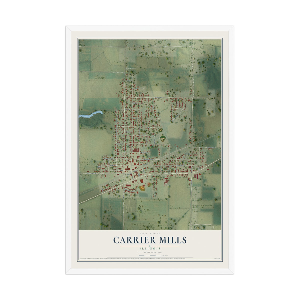 Map of Carrier Mills, Illinois, 12 x 18 inch print in a white wood frame