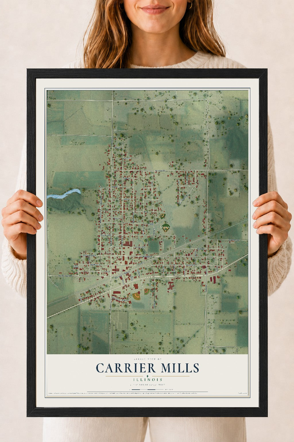 Map of Carrier Mills, Illinois, 18 x 24 inch print in a black wood frame