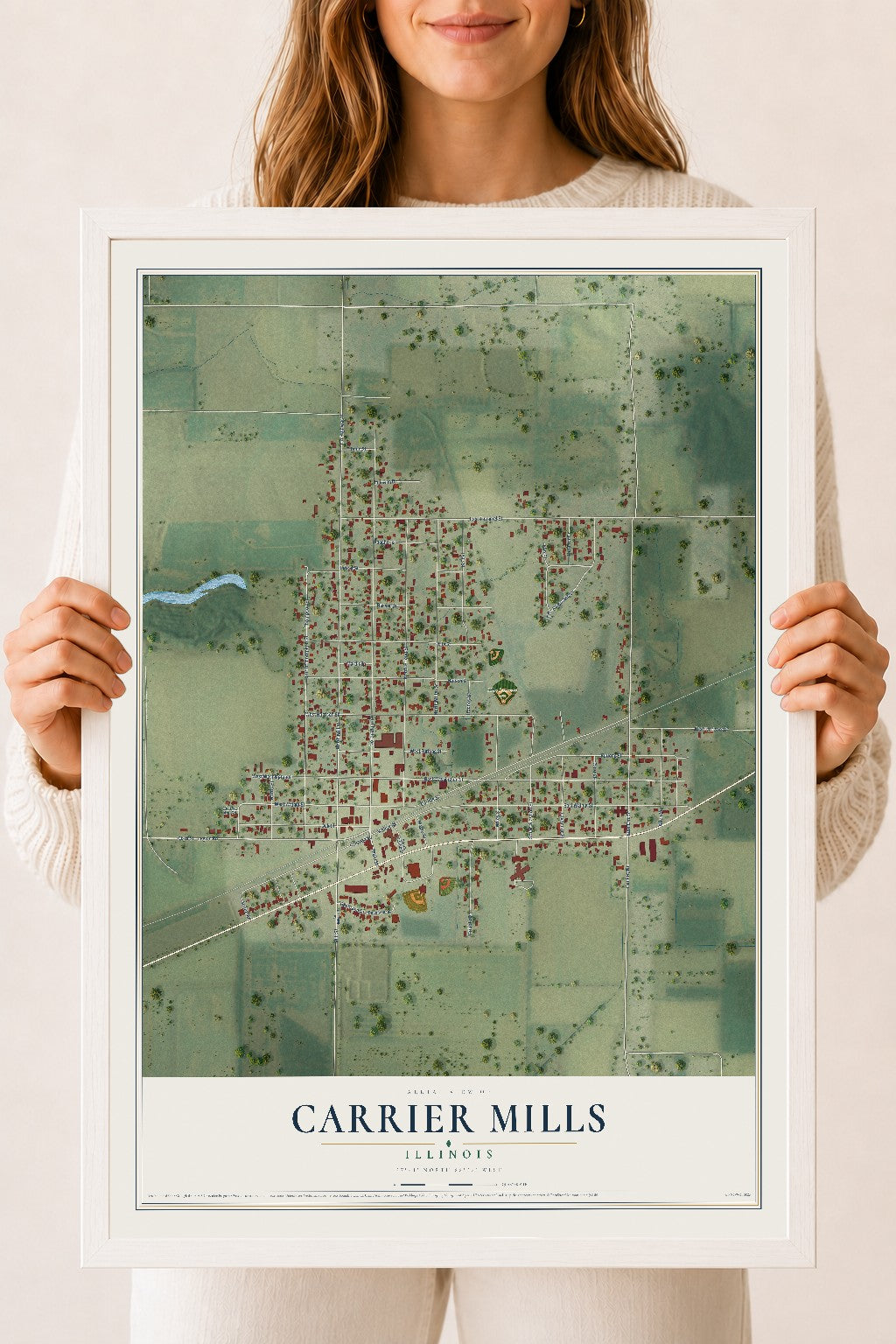 Map of Carrier Mills, Illinois, 18 x 24 inch print in a white wood frame