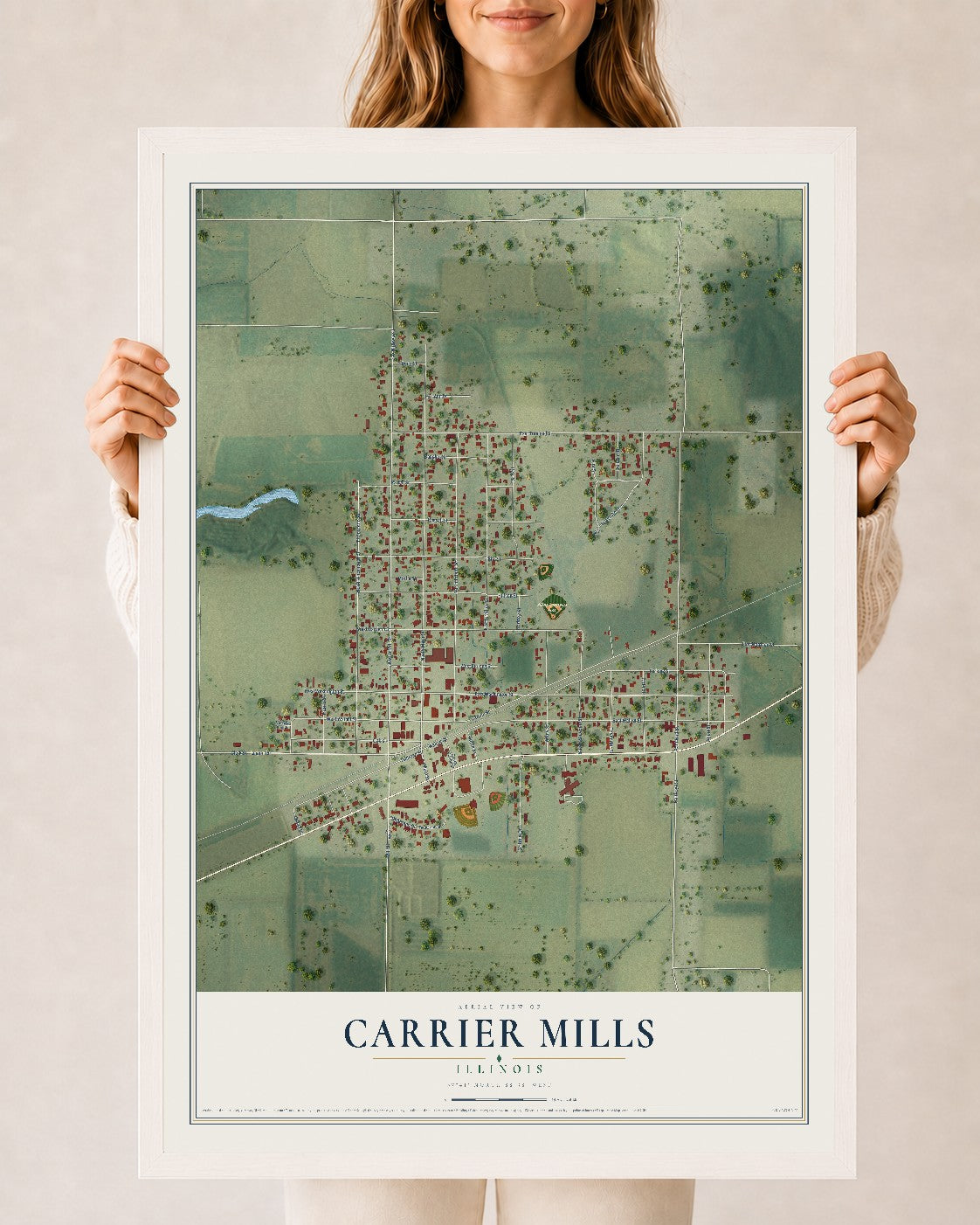 Map of Carrier Mills, Illinois, 24 x 36 inch print in a white wood frame