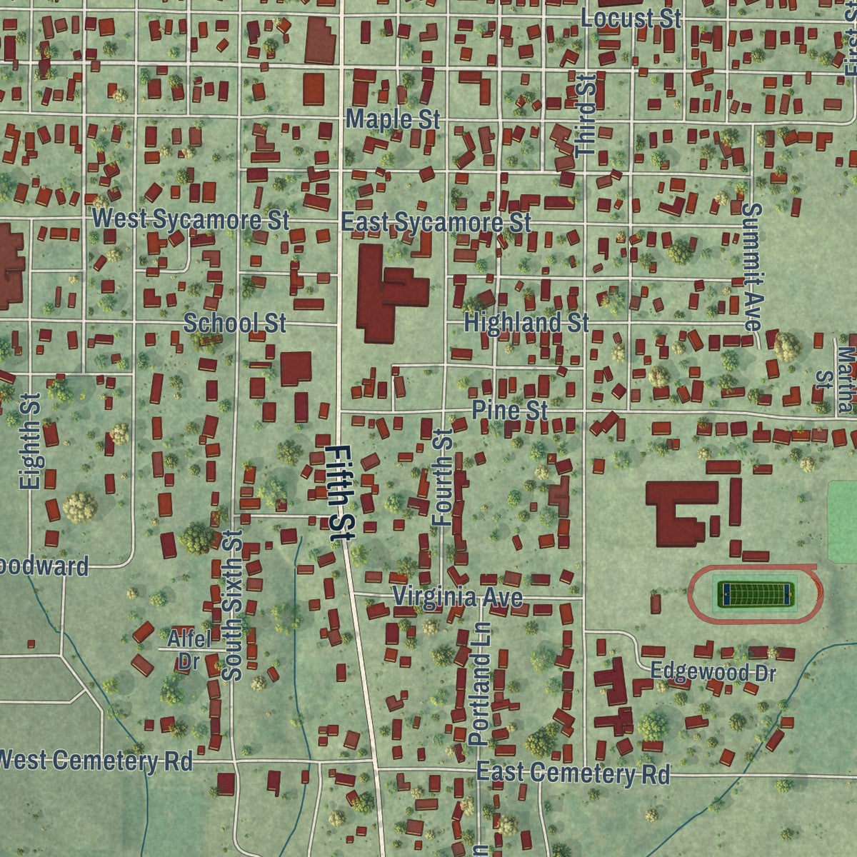Close-up of the map of Carrollton, Illinois print showing street and building detail