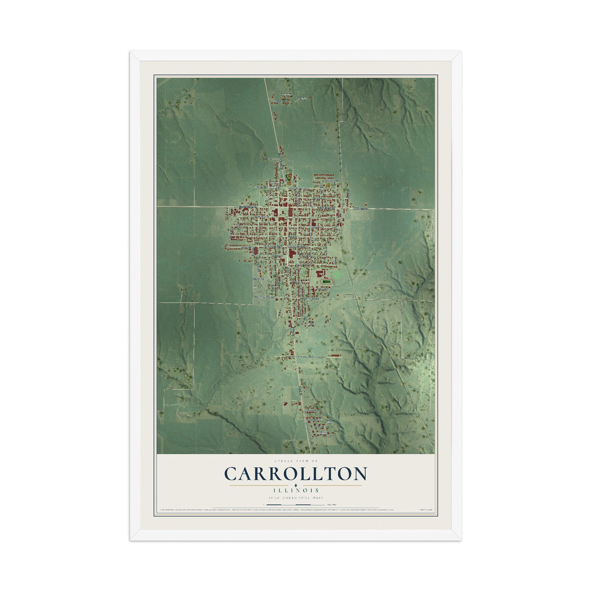 Map of Carrollton, Illinois, 12 x 18 inch print in a white wood frame