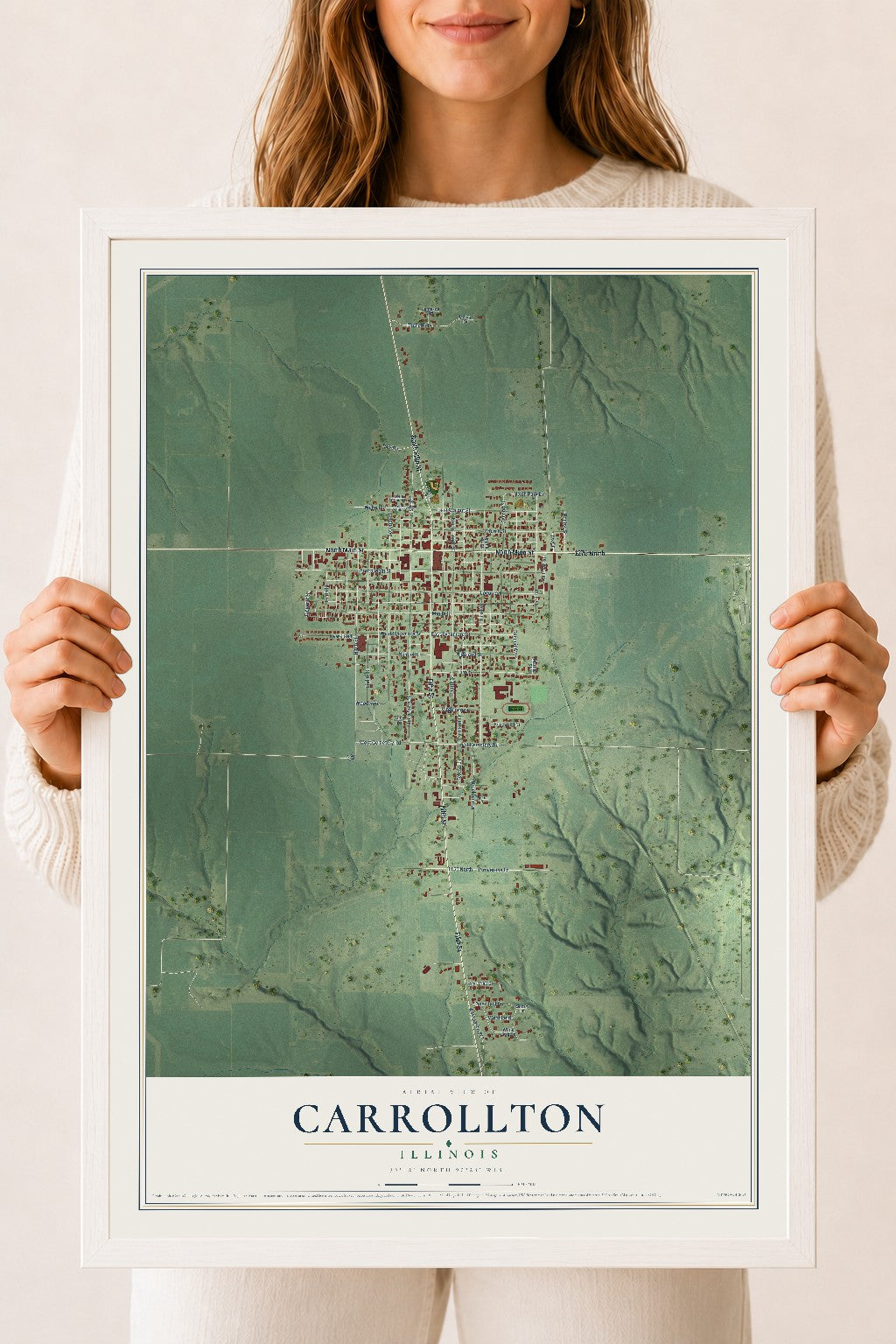 Map of Carrollton, Illinois, 18 x 24 inch print in a white wood frame