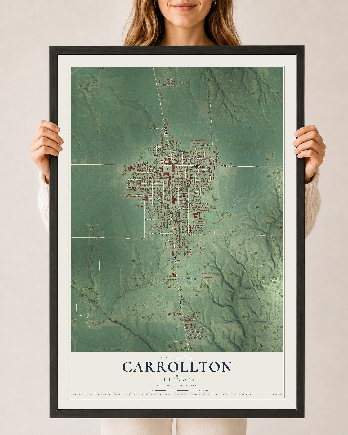 Map of Carrollton, Illinois, 24 x 36 inch print in a black wood frame