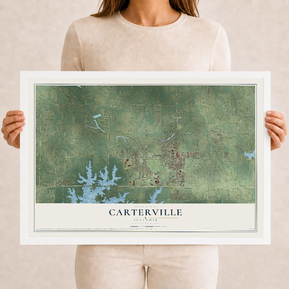 Map of Carterville, Illinois, 12 x 18 inch print in a white wood frame