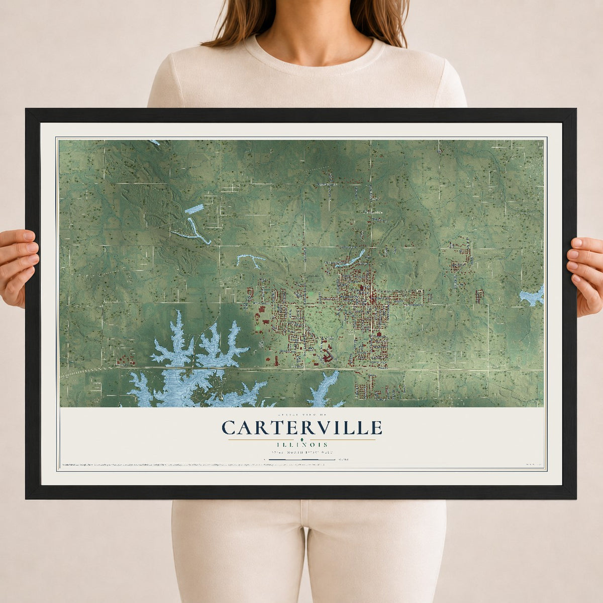 Map of Carterville, Illinois, 18 x 24 inch print in a black wood frame