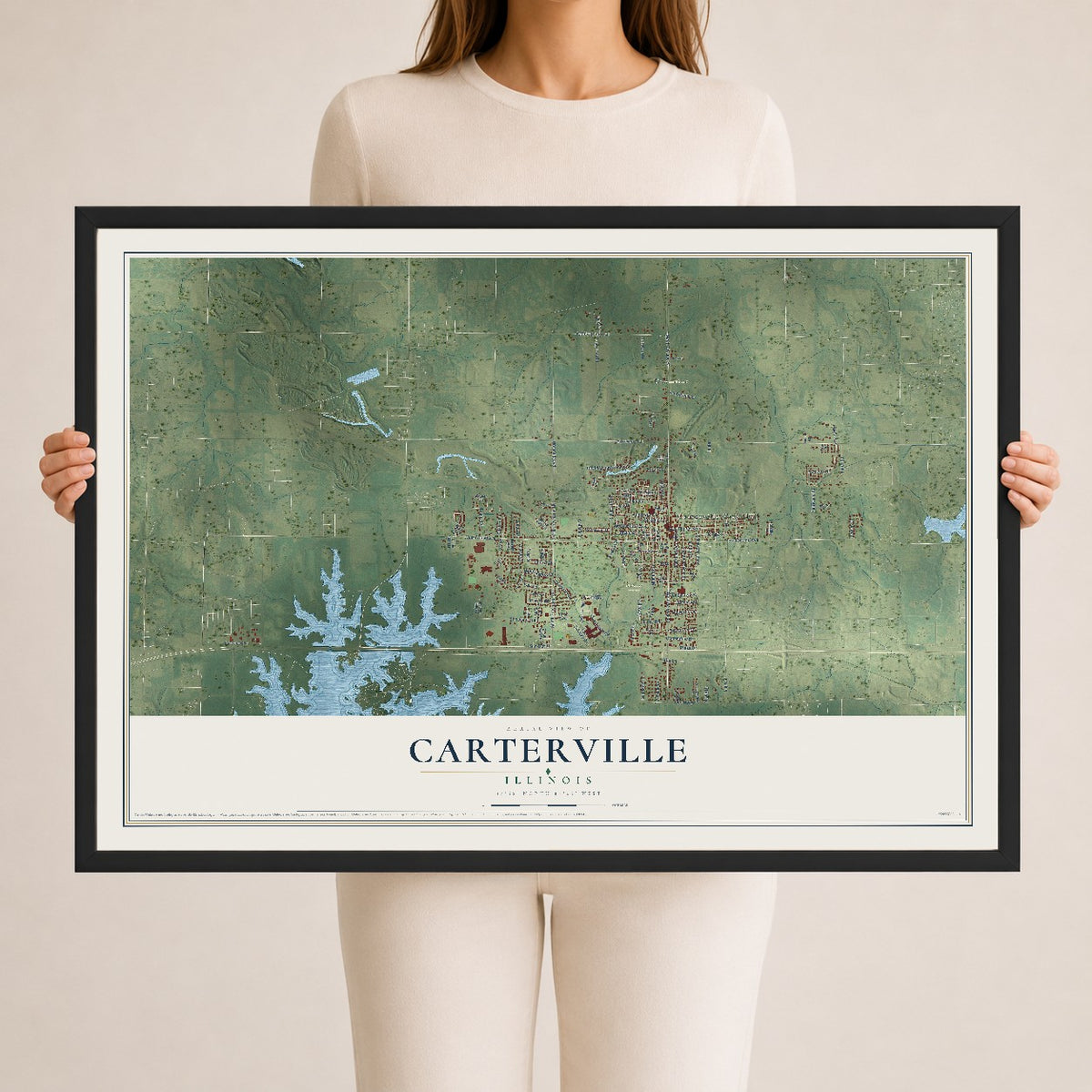 Map of Carterville, Illinois, 24 x 36 inch print in a black wood frame