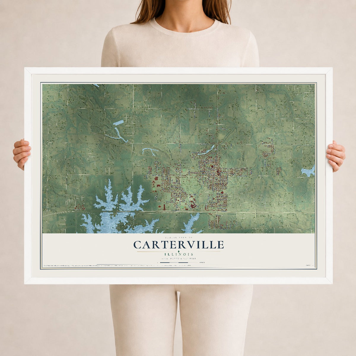 Map of Carterville, Illinois, 24 x 36 inch print in a white wood frame