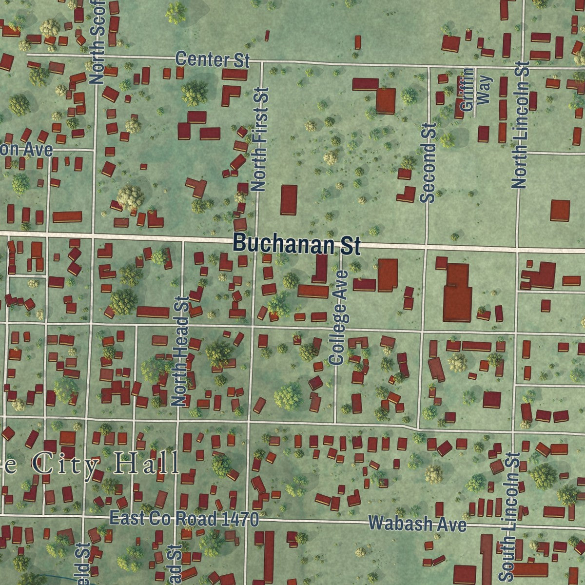 Close-up of the map of Carthage, Illinois print showing street and building detail