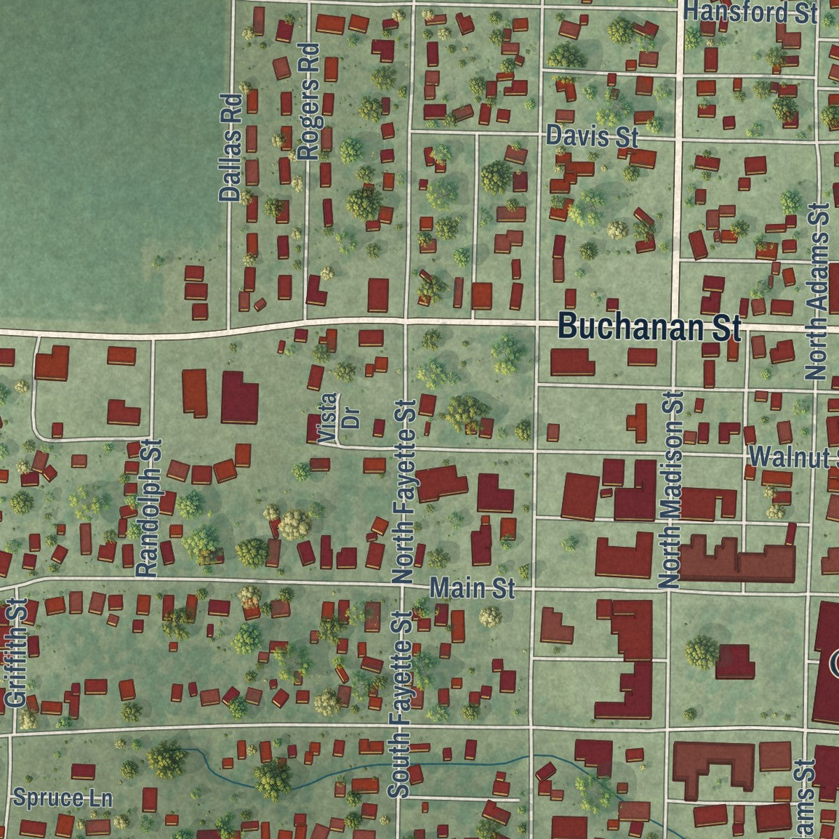 Second close-up of the map of Carthage, Illinois print showing more streets and buildings