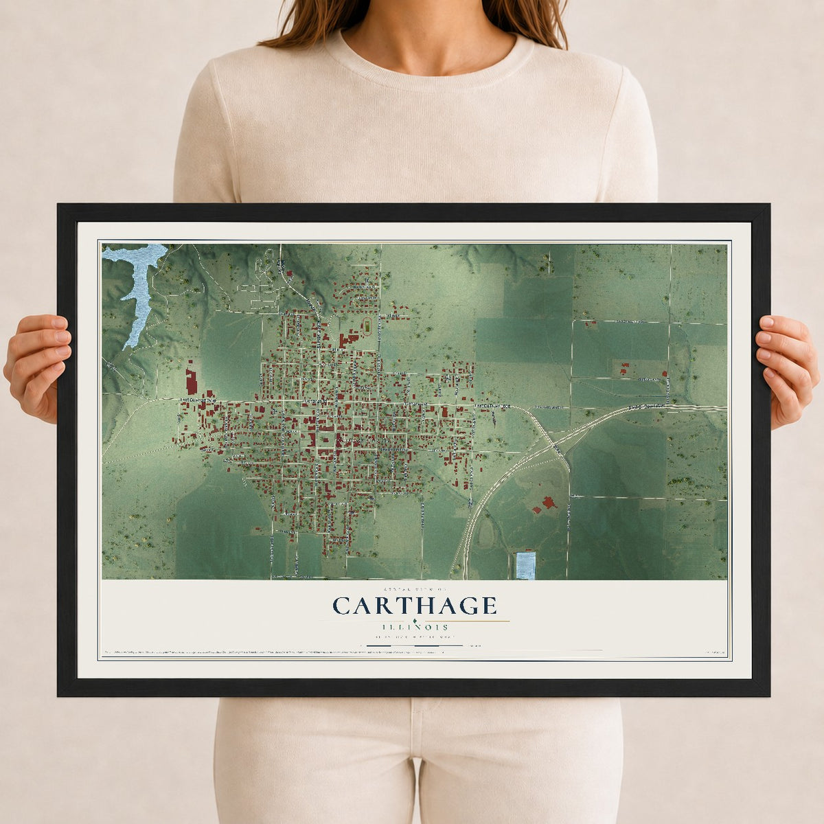 Map of Carthage, Illinois, 12 x 18 inch print in a black wood frame