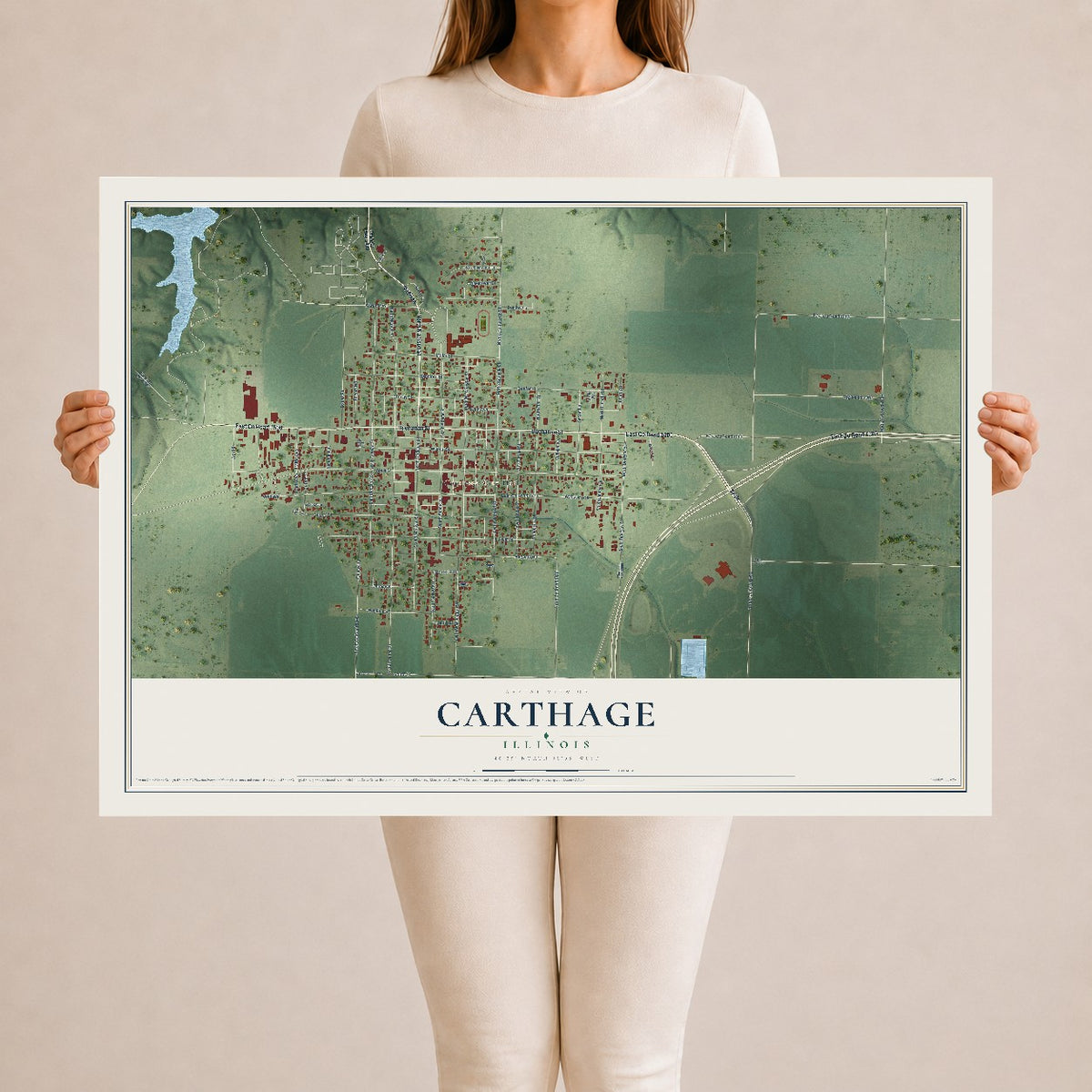 Map of Carthage, Illinois, 24 x 36 inch unframed archival matte print