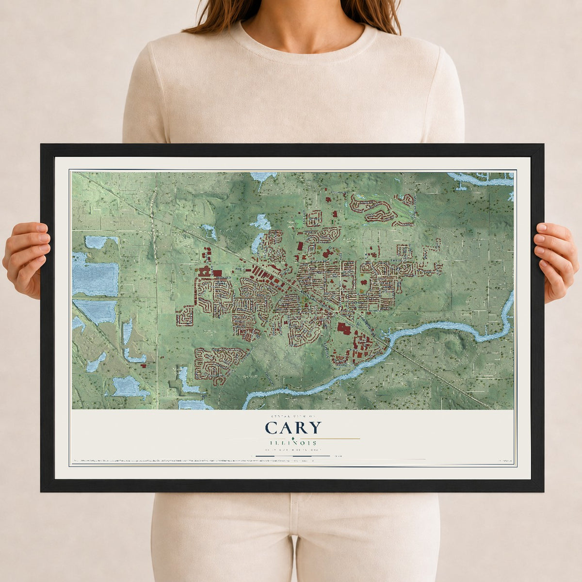 Map of Cary, Illinois, 12 x 18 inch print in a black wood frame