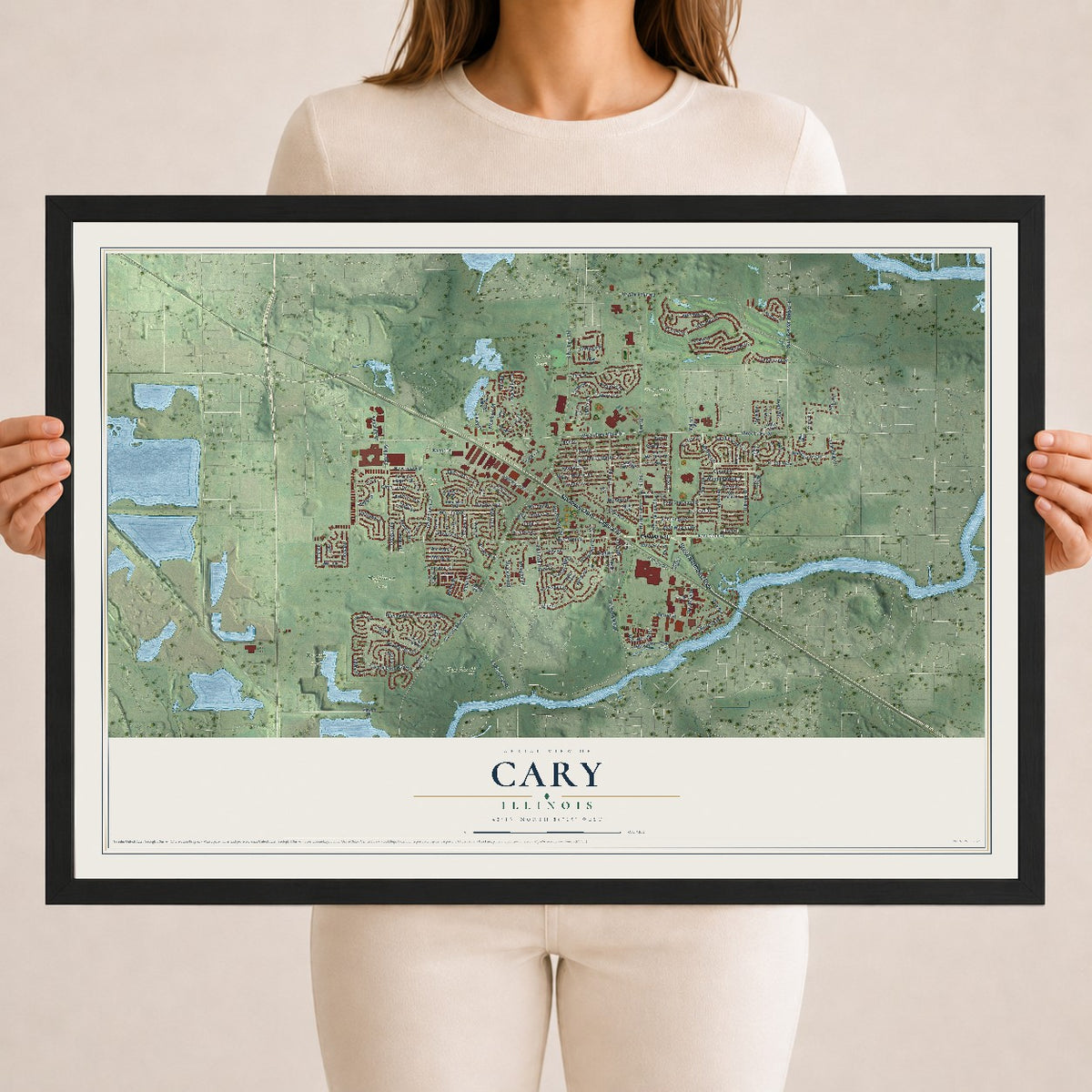 Map of Cary, Illinois, 18 x 24 inch print in a black wood frame