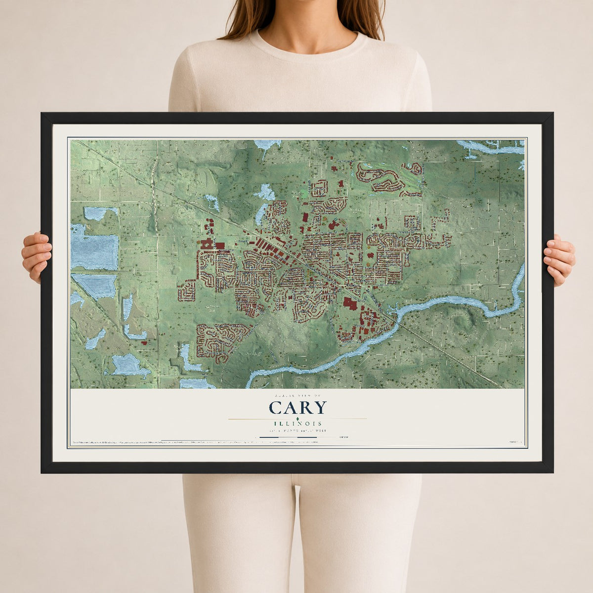 Map of Cary, Illinois, 24 x 36 inch print in a black wood frame