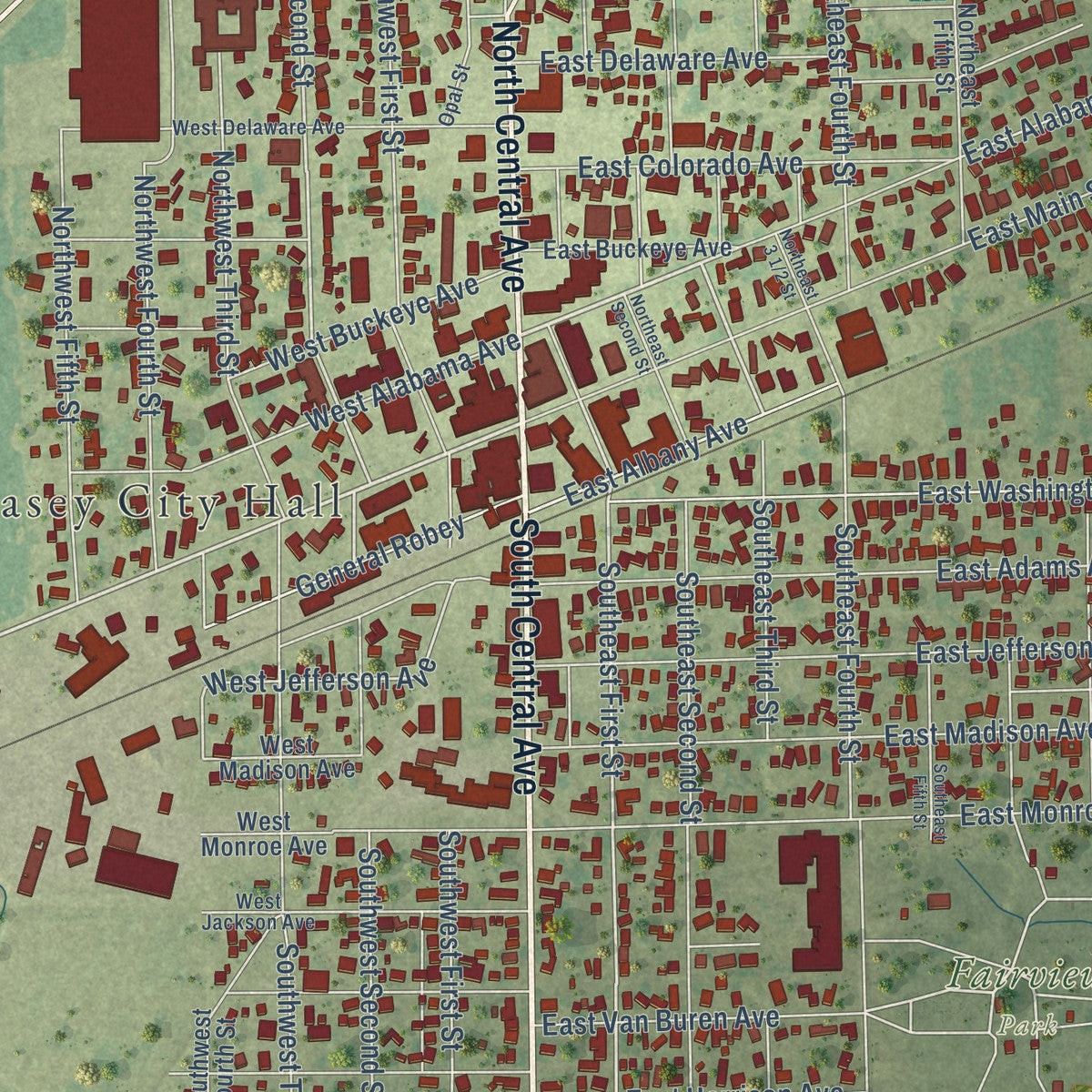 Close-up of the map of Casey, Illinois print showing street and building detail