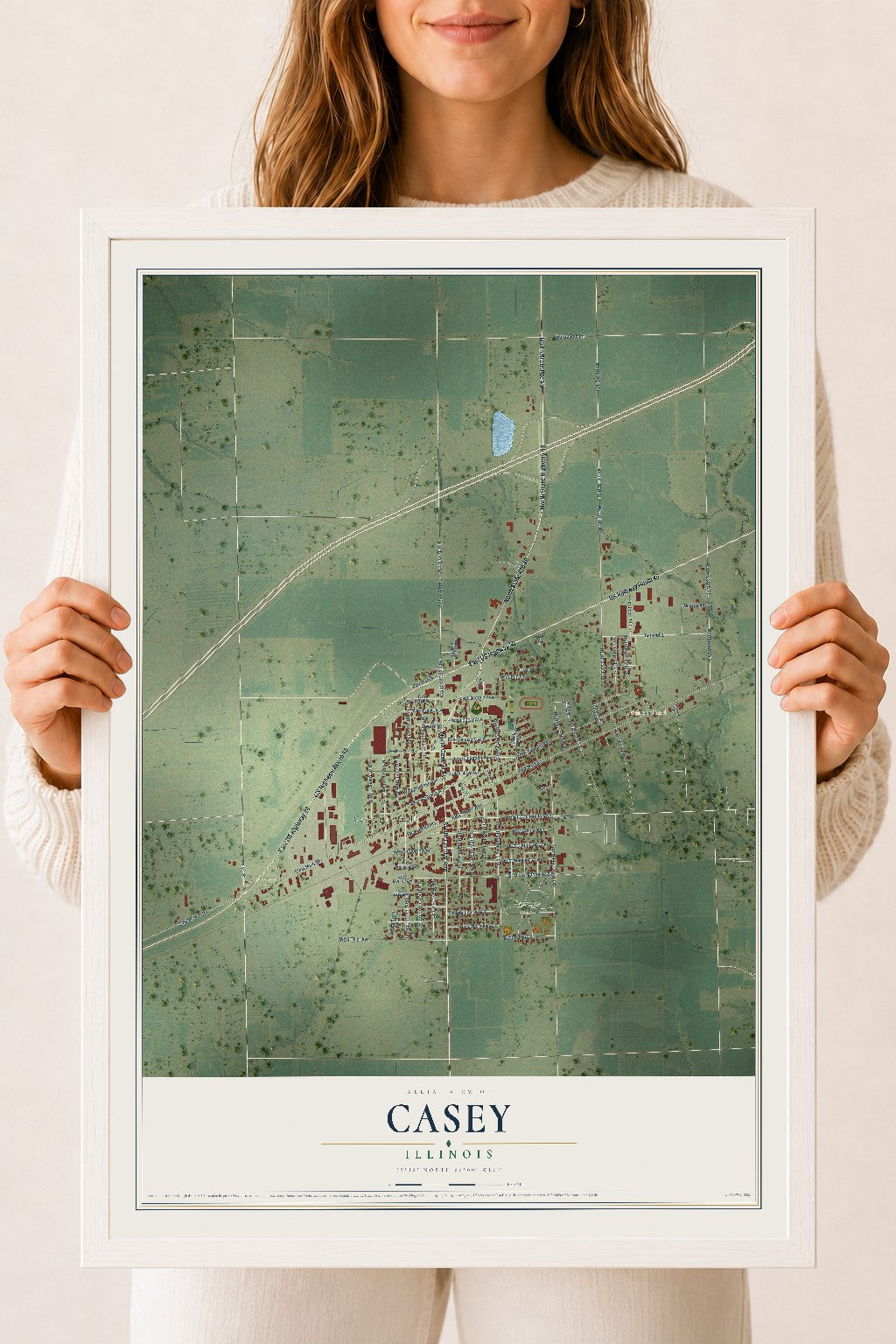 Map of Casey, Illinois, 18 x 24 inch print in a white wood frame