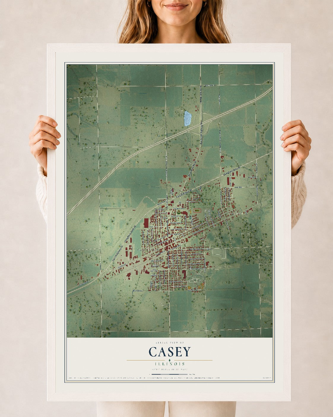 Map of Casey, Illinois, 24 x 36 inch print in a white wood frame
