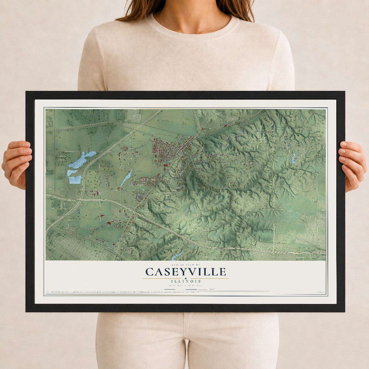 Map of Caseyville, Illinois, 12 x 18 inch print in a black wood frame