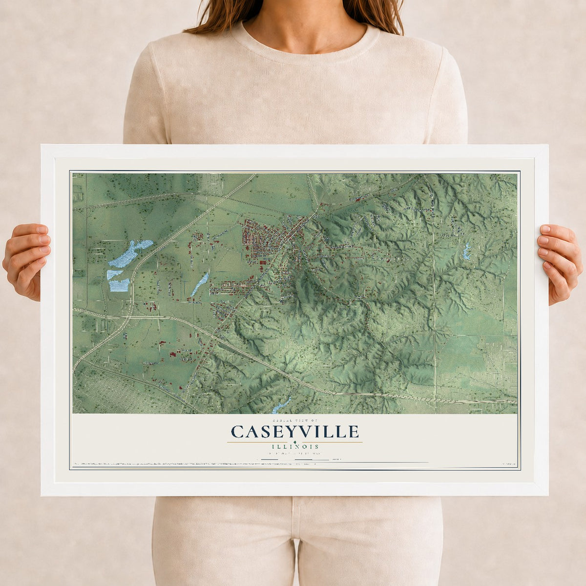 Map of Caseyville, Illinois, 12 x 18 inch print in a white wood frame