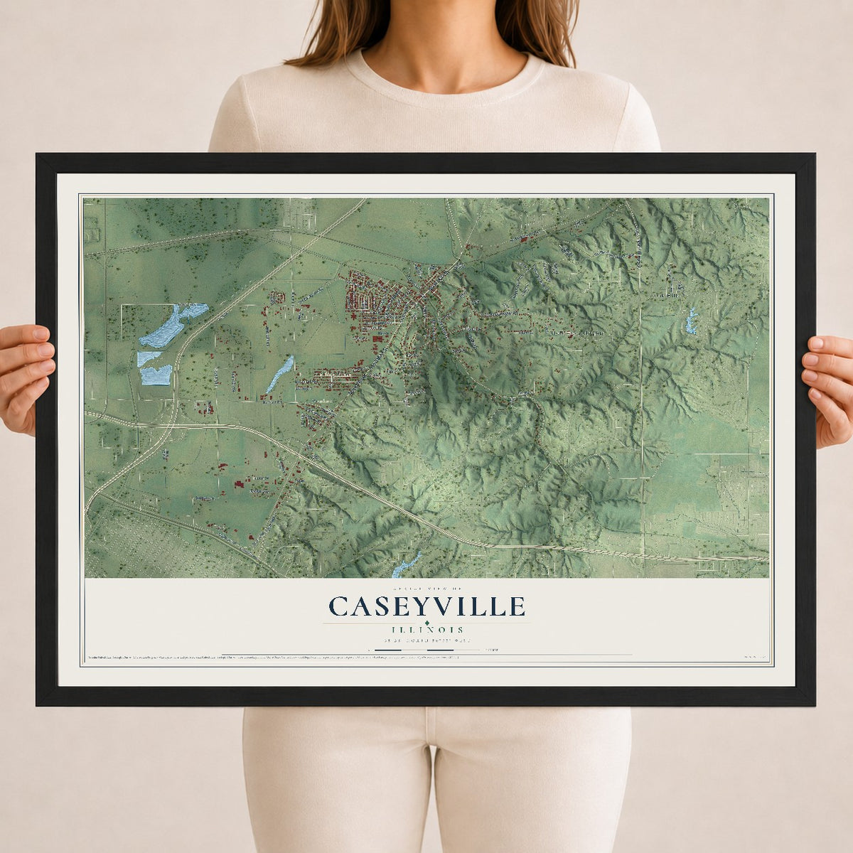 Map of Caseyville, Illinois, 18 x 24 inch print in a black wood frame