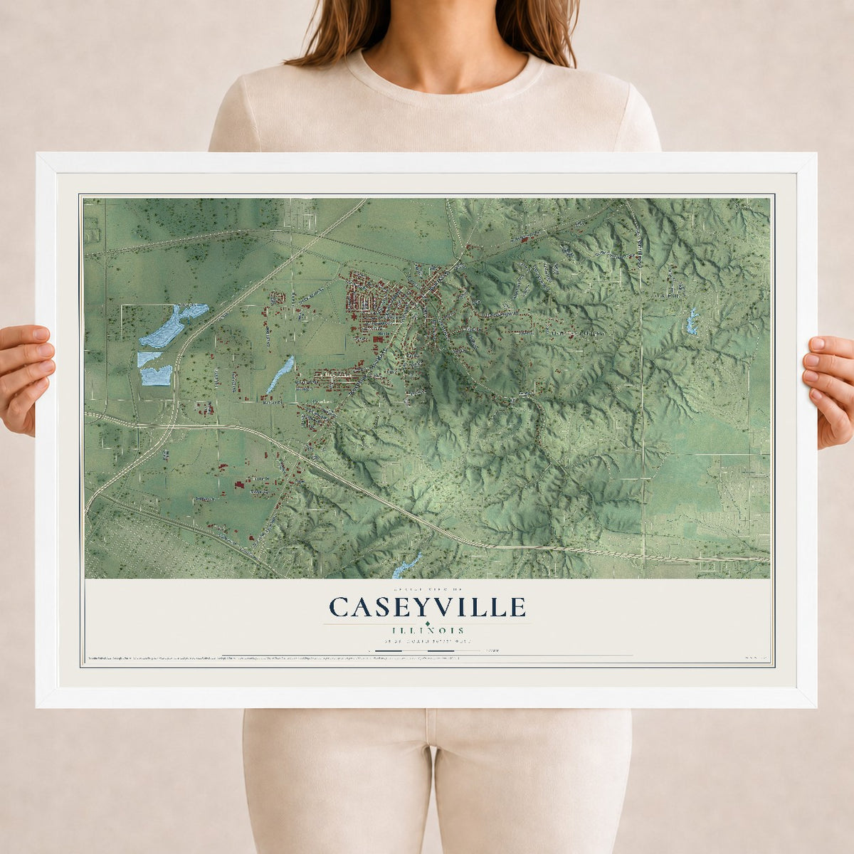 Map of Caseyville, Illinois, 18 x 24 inch print in a white wood frame