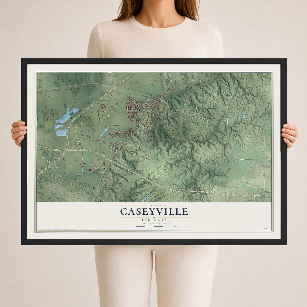 Map of Caseyville, Illinois, 24 x 36 inch print in a black wood frame