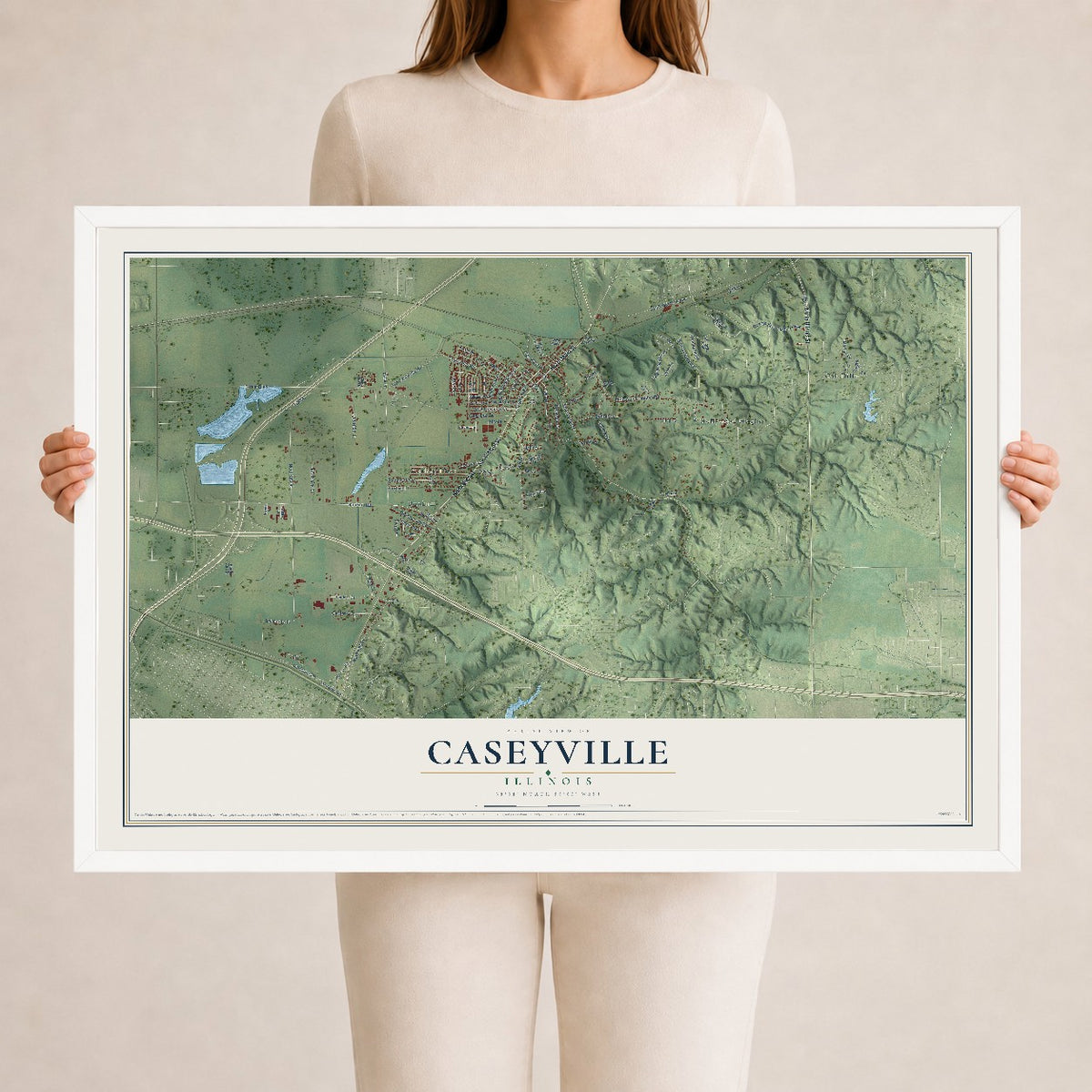 Map of Caseyville, Illinois, 24 x 36 inch print in a white wood frame