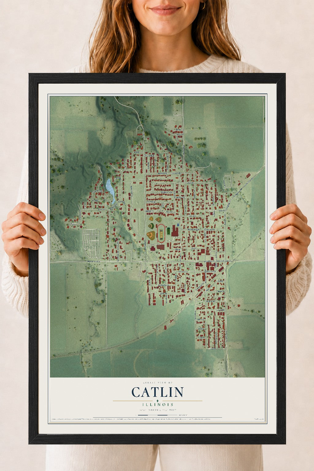Map of Catlin, Illinois, 18 x 24 inch print in a black wood frame