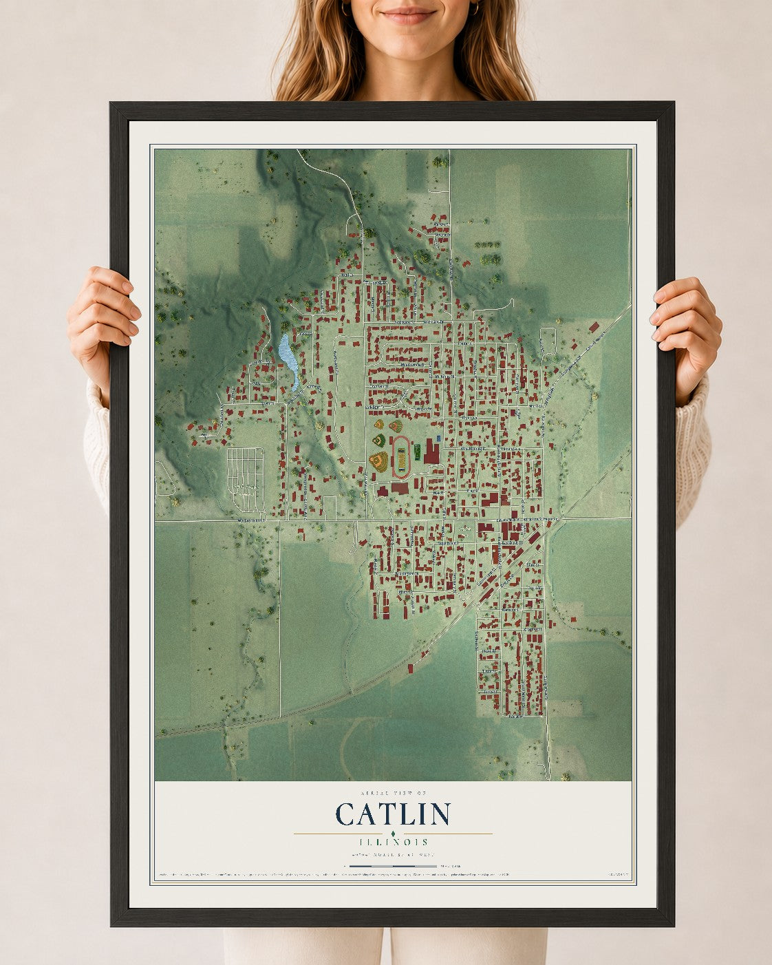Map of Catlin, Illinois, 24 x 36 inch print in a black wood frame