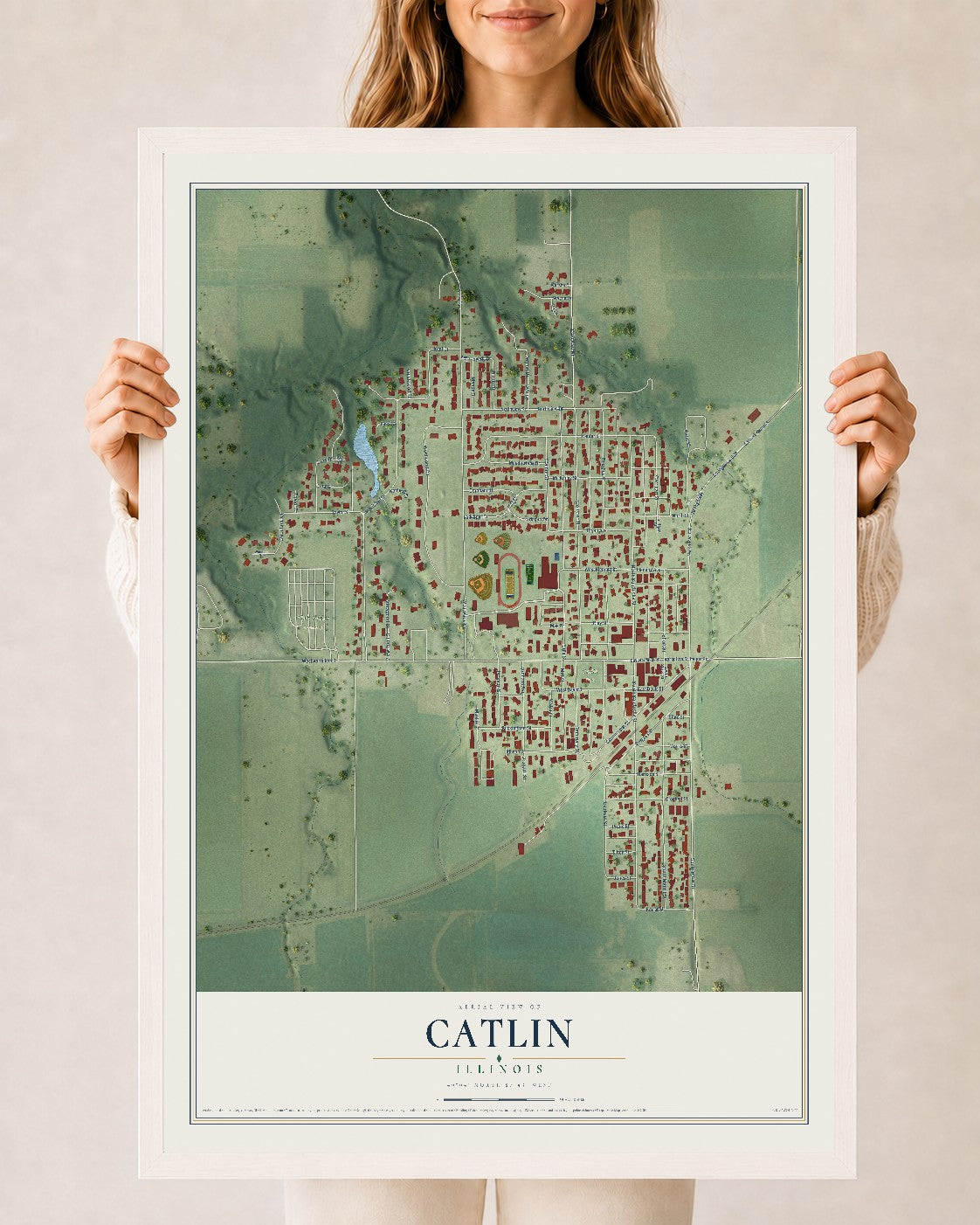 Map of Catlin, Illinois, 24 x 36 inch print in a white wood frame