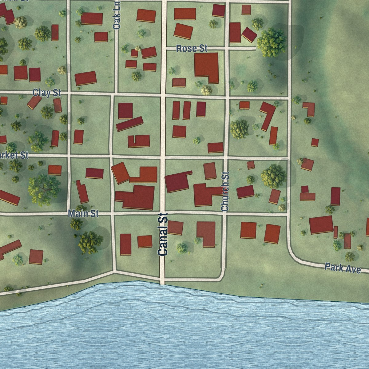 Close-up of the map of Cave-In-Rock, Illinois print showing street and building detail