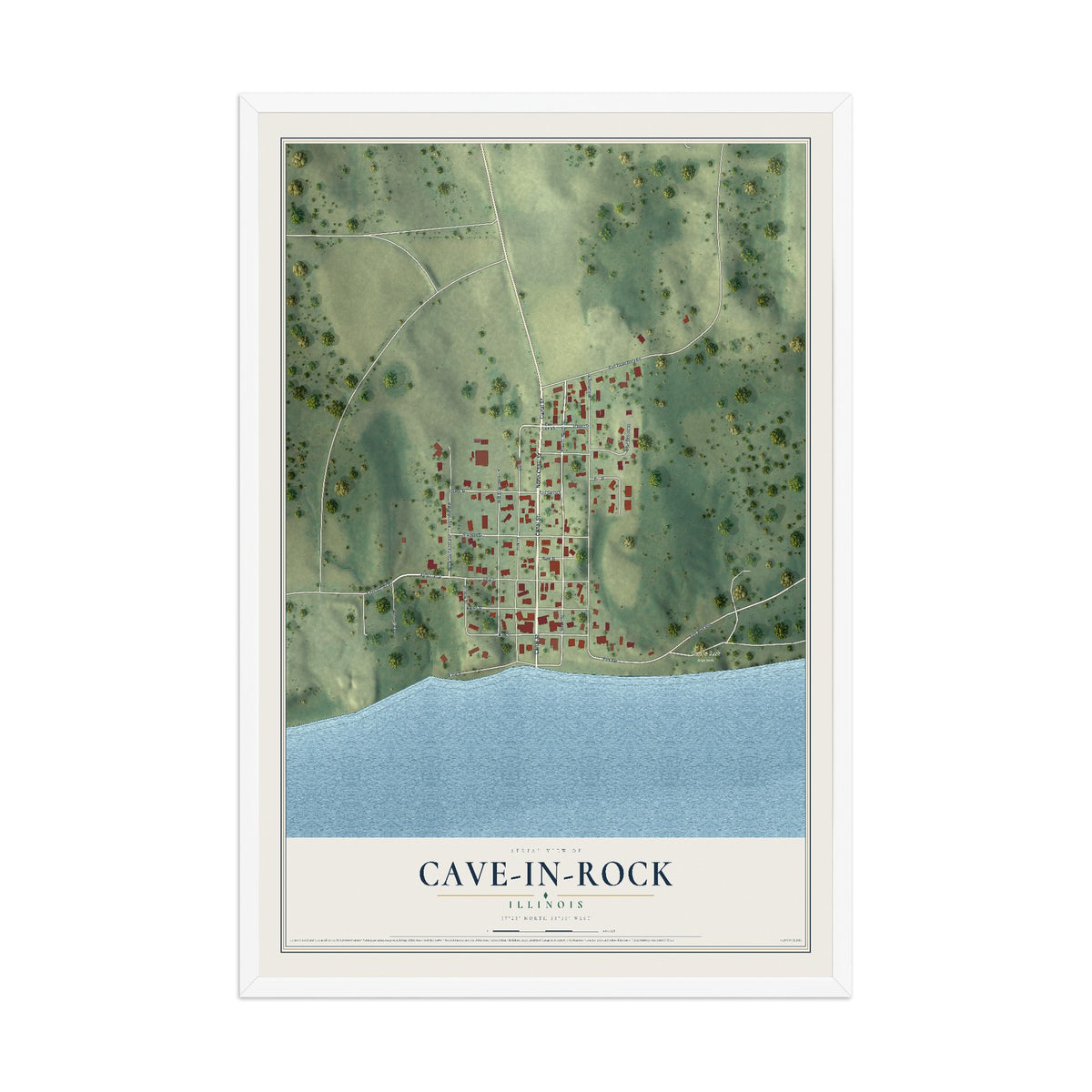 Map of Cave-In-Rock, Illinois, 12 x 18 inch print in a white wood frame