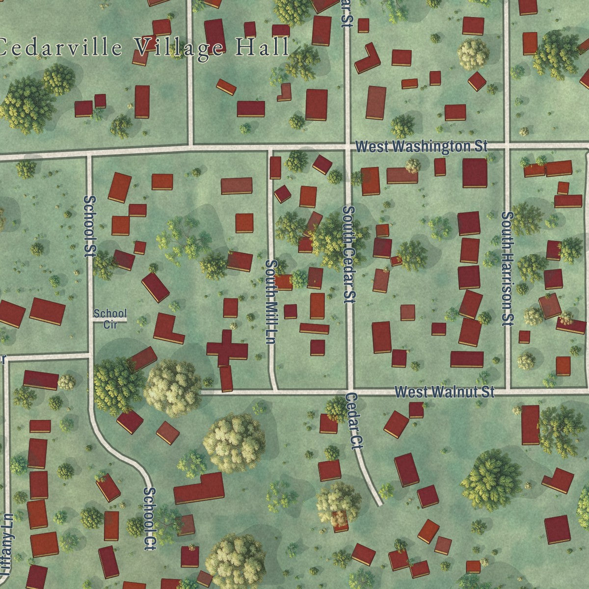 Close-up of the map of Cedarville, Illinois print showing street and building detail