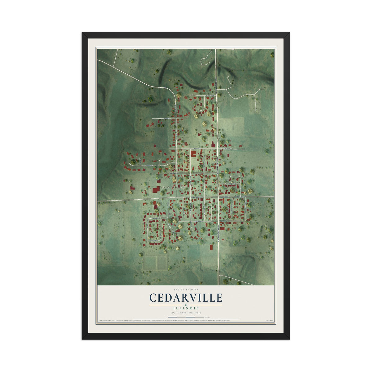 Map of Cedarville, Illinois, 12 x 18 inch print in a black wood frame