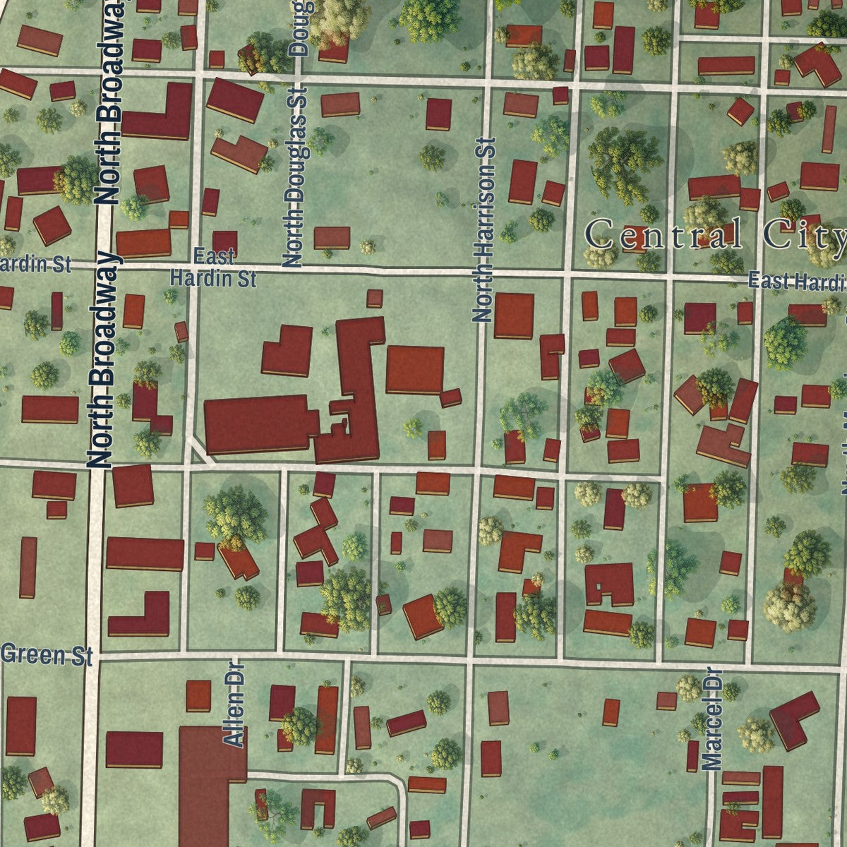 Close-up of the map of Central City, Illinois print showing street and building detail