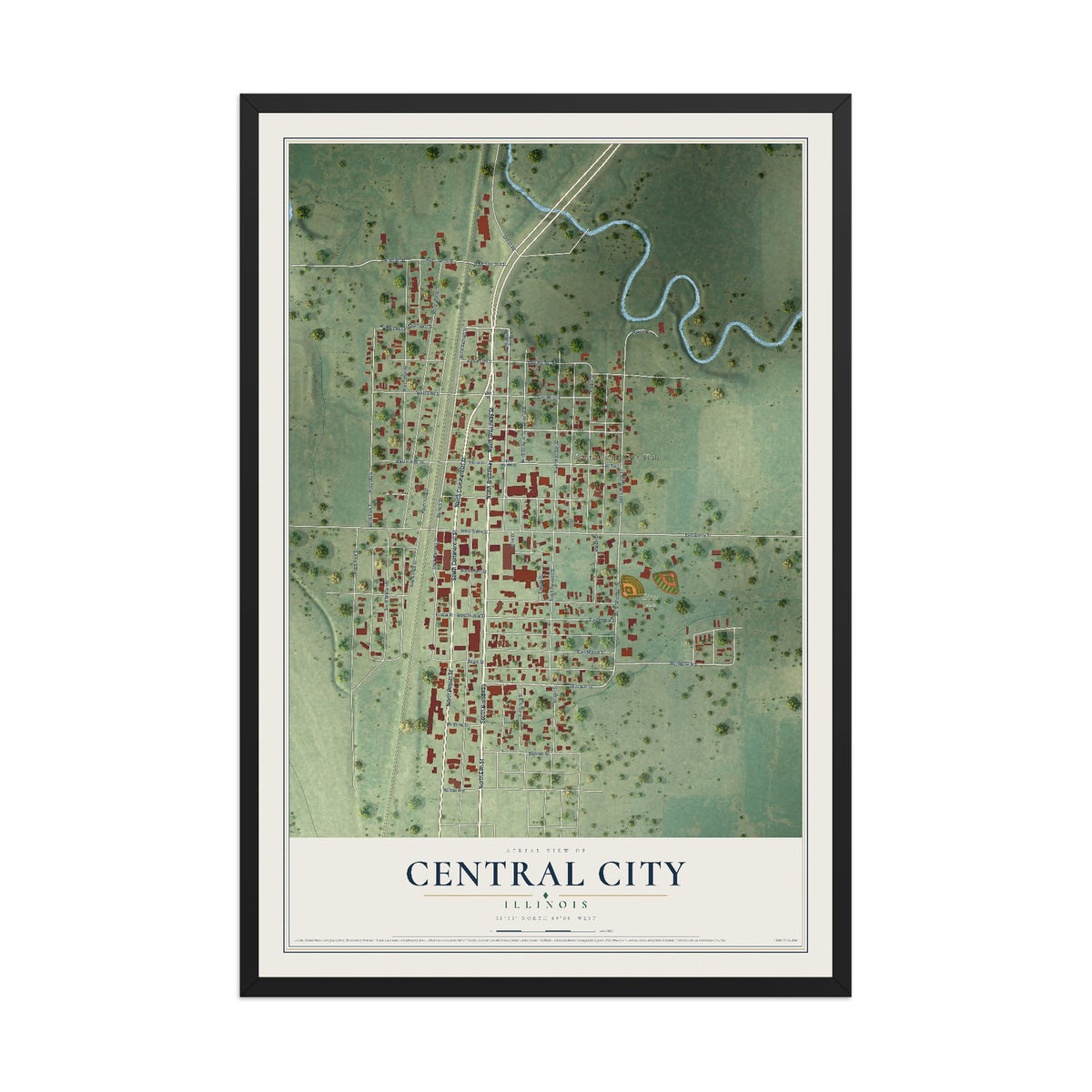 Map of Central City, Illinois, 12 x 18 inch print in a black wood frame