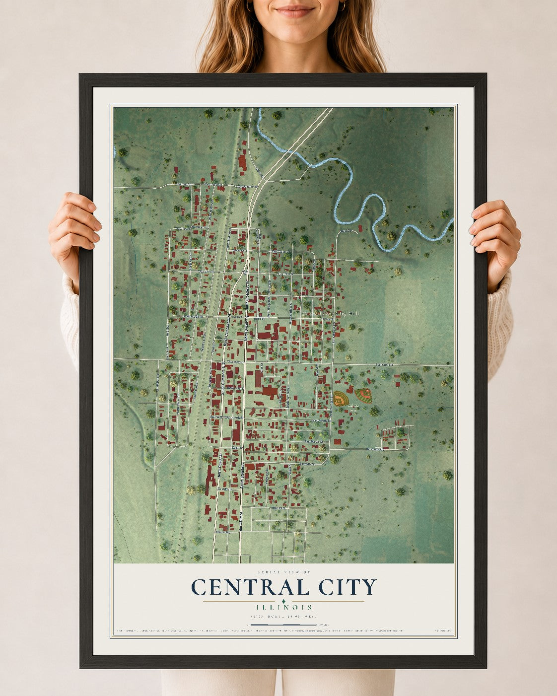 Map of Central City, Illinois, 24 x 36 inch print in a black wood frame