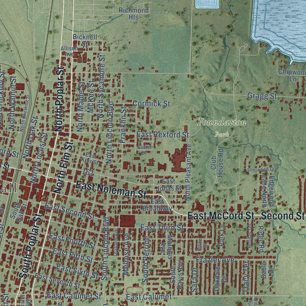 Close-up of the map of Centralia, Illinois print showing street and building detail