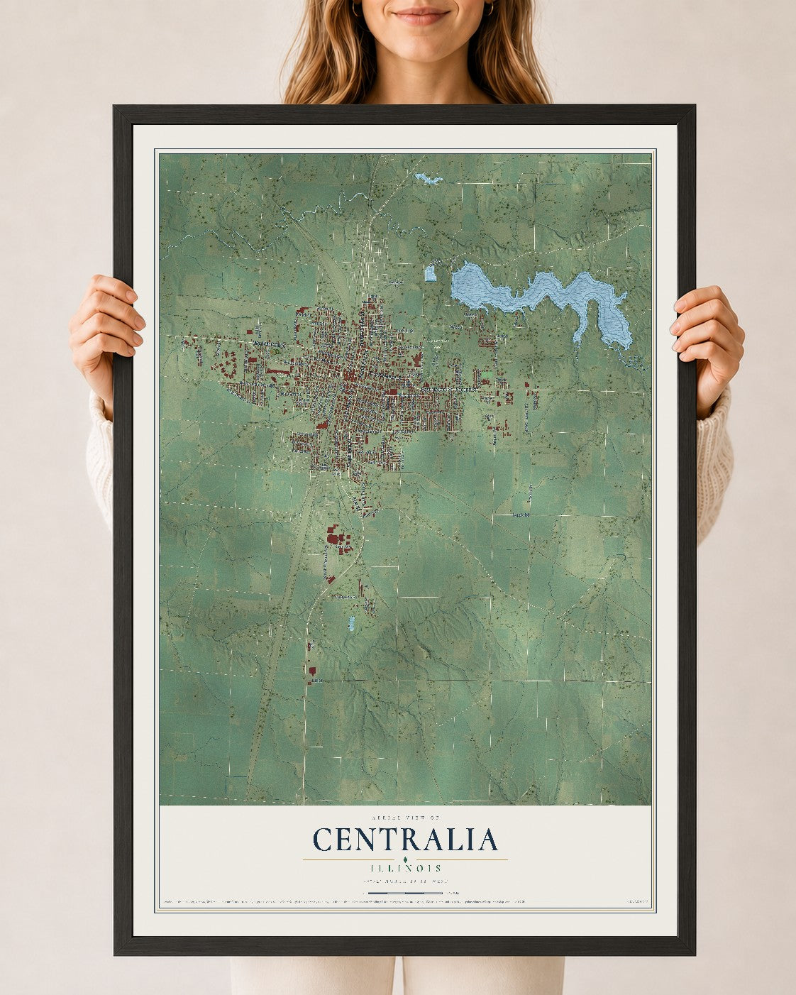 Map of Centralia, Illinois, 24 x 36 inch print in a black wood frame