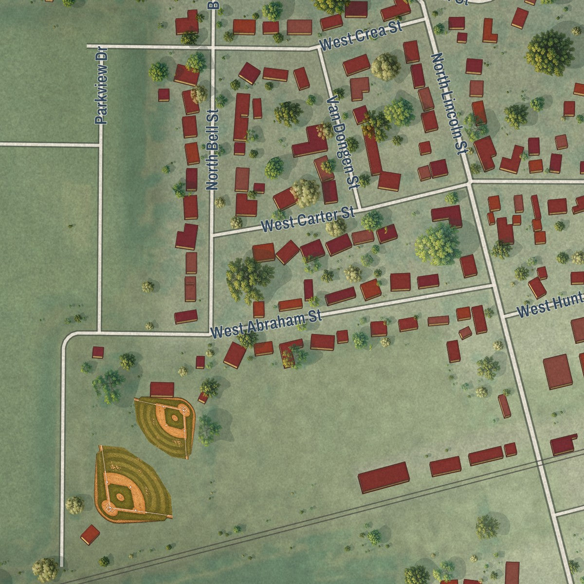 Second close-up of the map of Cerro Gordo, Illinois print showing more streets and buildings