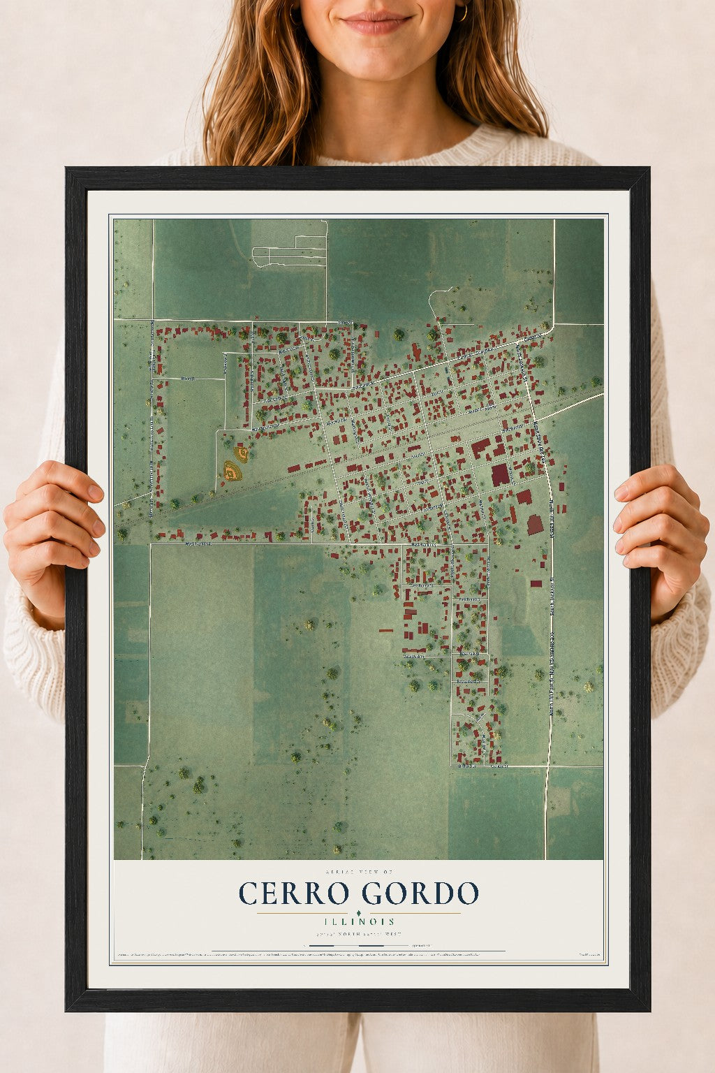 Map of Cerro Gordo, Illinois, 18 x 24 inch print in a black wood frame